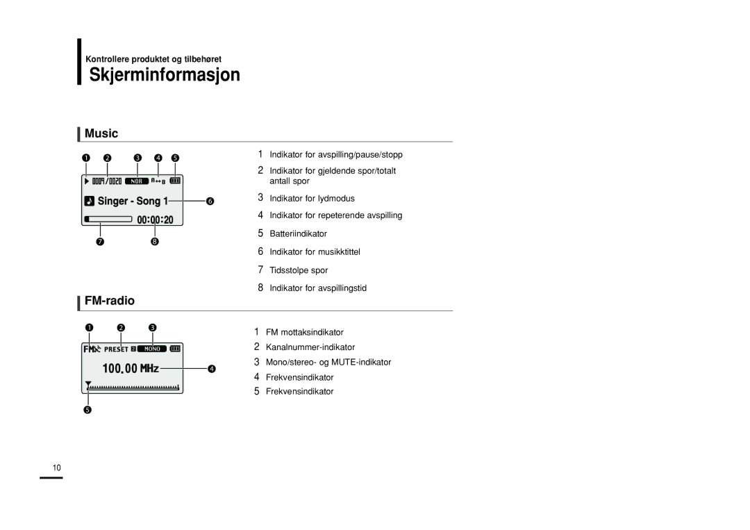 Samsung YP-U2RQB/XEE, YP-U2RXB/ELS, YP-U2ZB/ELS, YP-U2RZB/XEE manual Skjerminformasjon, Music, FM-radio 