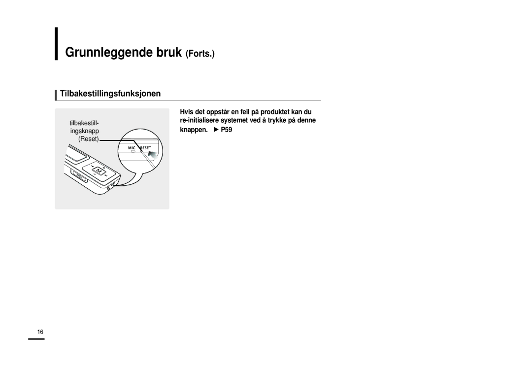 Samsung YP-U2RXB/ELS, YP-U2ZB/ELS, YP-U2RQB/XEE, YP-U2RZB/XEE manual Tilbakestillingsfunksjonen, Tilbakestill- ingsknapp Reset 