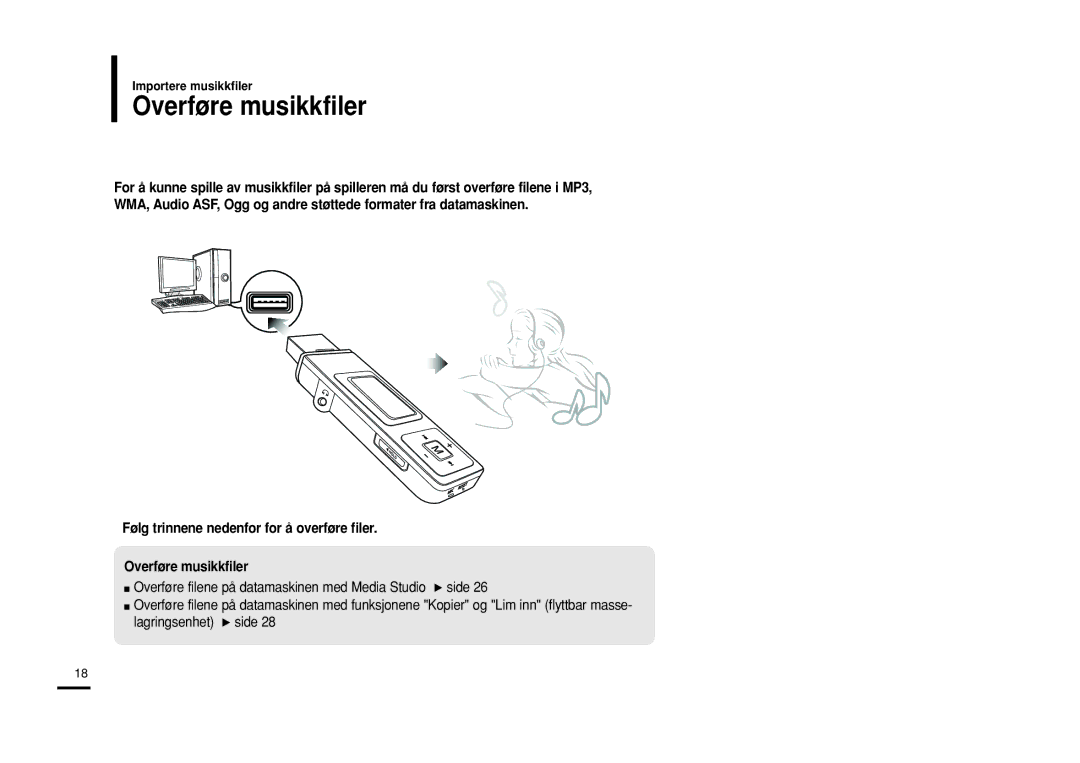 Samsung YP-U2RQB/XEE, YP-U2RXB/ELS, YP-U2ZB/ELS, YP-U2RZB/XEE manual Overføre musikkfiler 