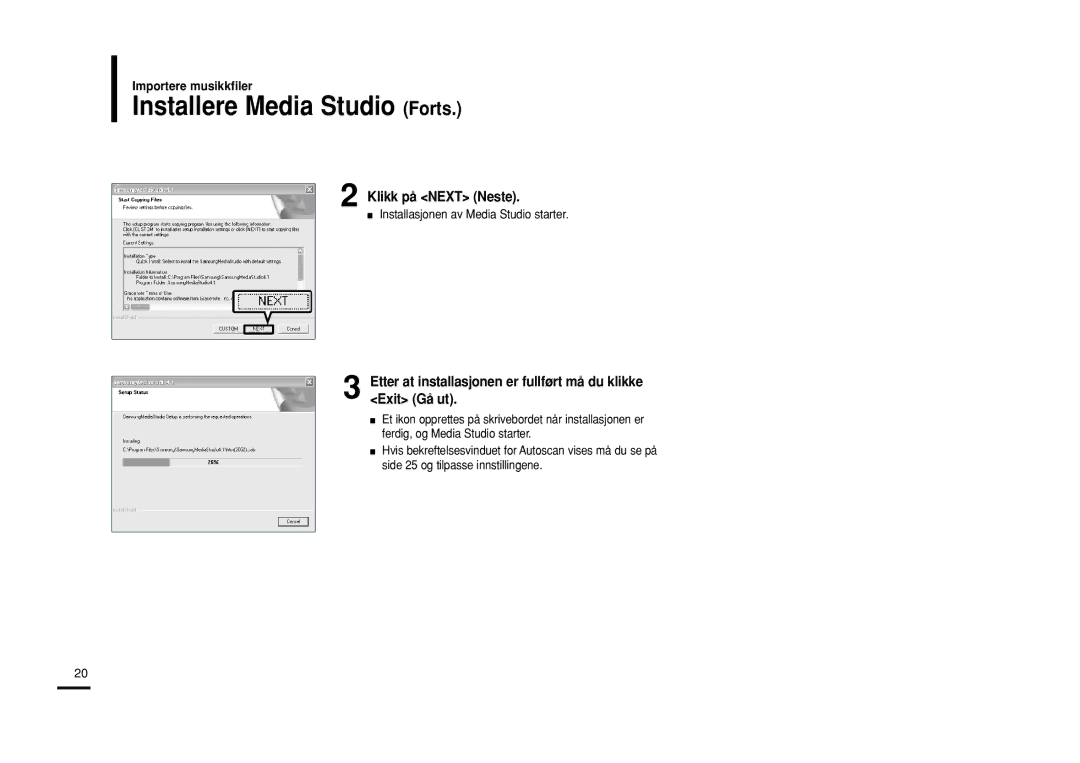 Samsung YP-U2RXB/ELS manual Installere Media Studio Forts, Klikk på Next Neste, Installasjonen av Media Studio starter 