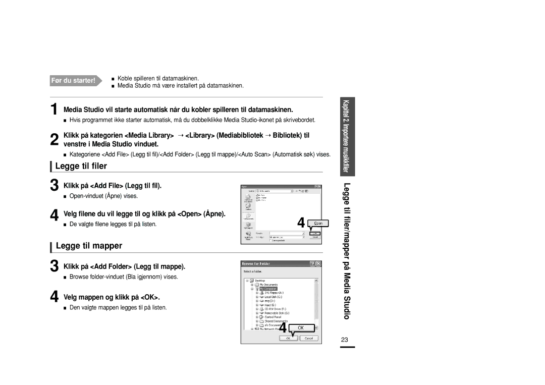 Samsung YP-U2RZB/XEE, YP-U2RXB/ELS, YP-U2ZB/ELS, YP-U2RQB/XEE manual Legge til filer, Legge til mapper 