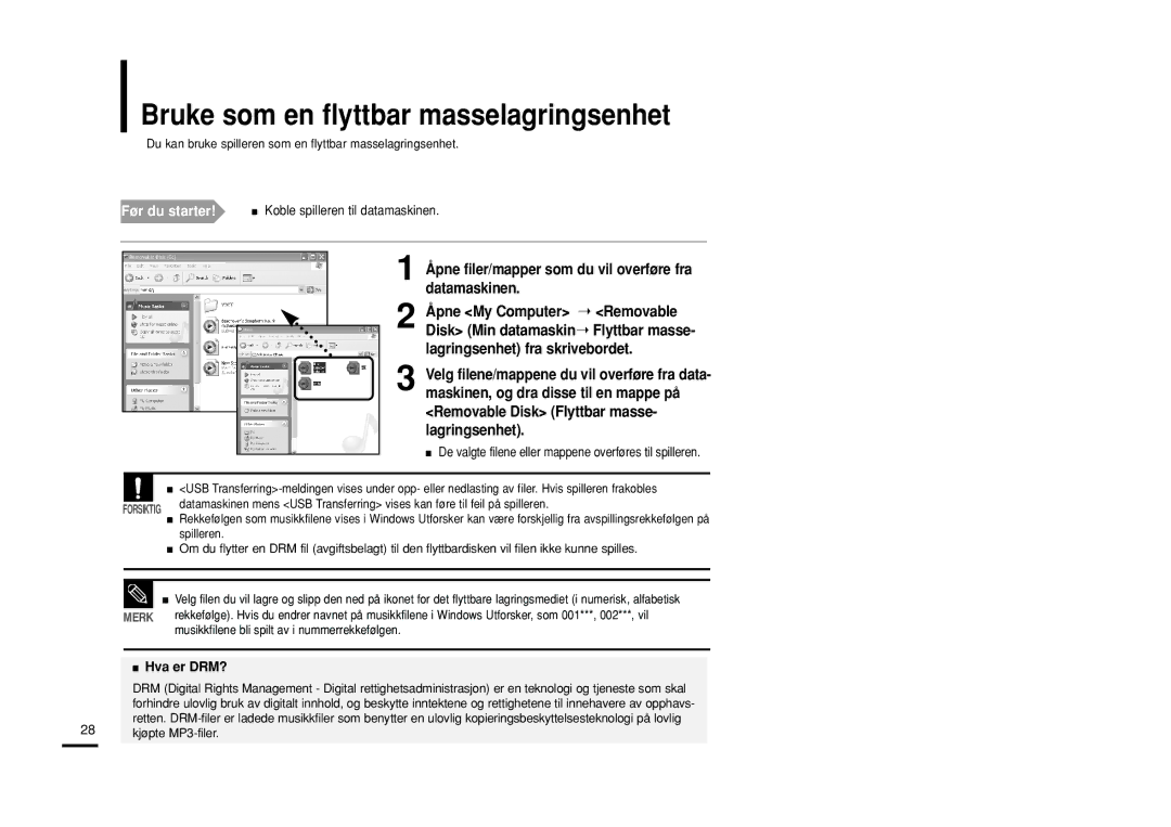 Samsung YP-U2RXB/ELS Bruke som en flyttbar masselagringsenhet, Åpne filer/mapper som du vil overføre fra datamaskinen 