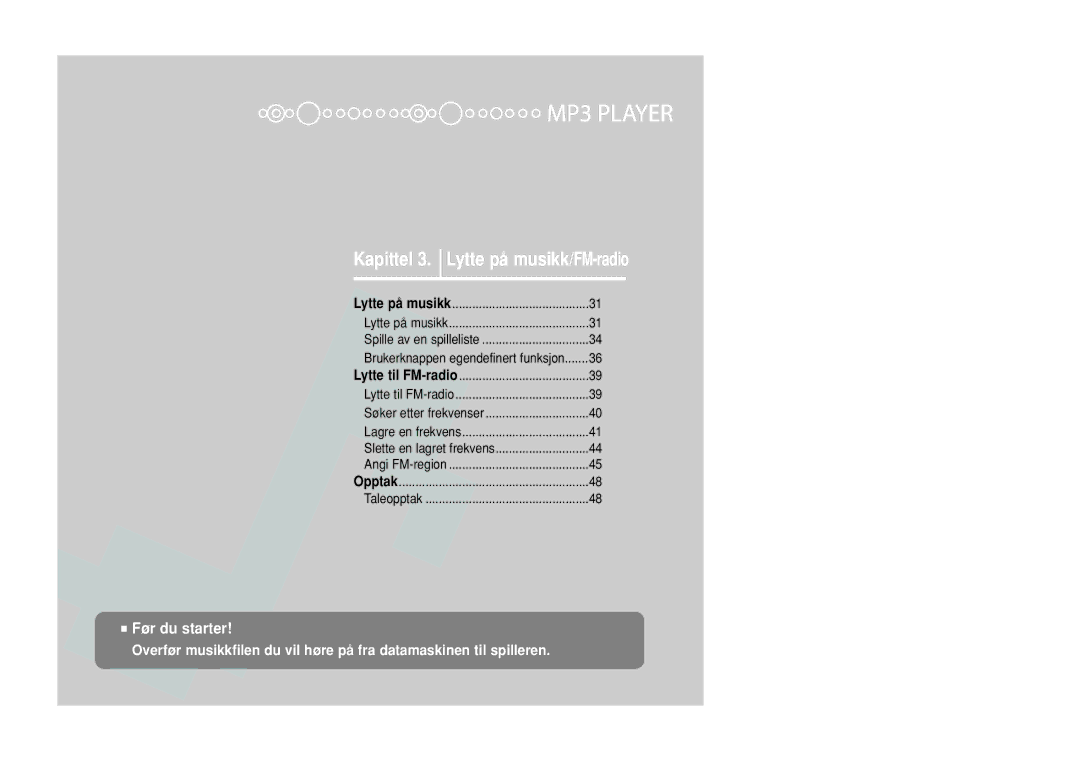 Samsung YP-U2RQB/XEE, YP-U2RXB/ELS, YP-U2ZB/ELS, YP-U2RZB/XEE manual Kapittel 3. Lytte på musikk/FM-radio 