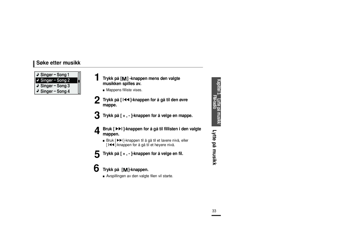 Samsung YP-U2ZB/ELS, YP-U2RXB/ELS, YP-U2RQB/XEE, YP-U2RZB/XEE manual Søke etter musikk 