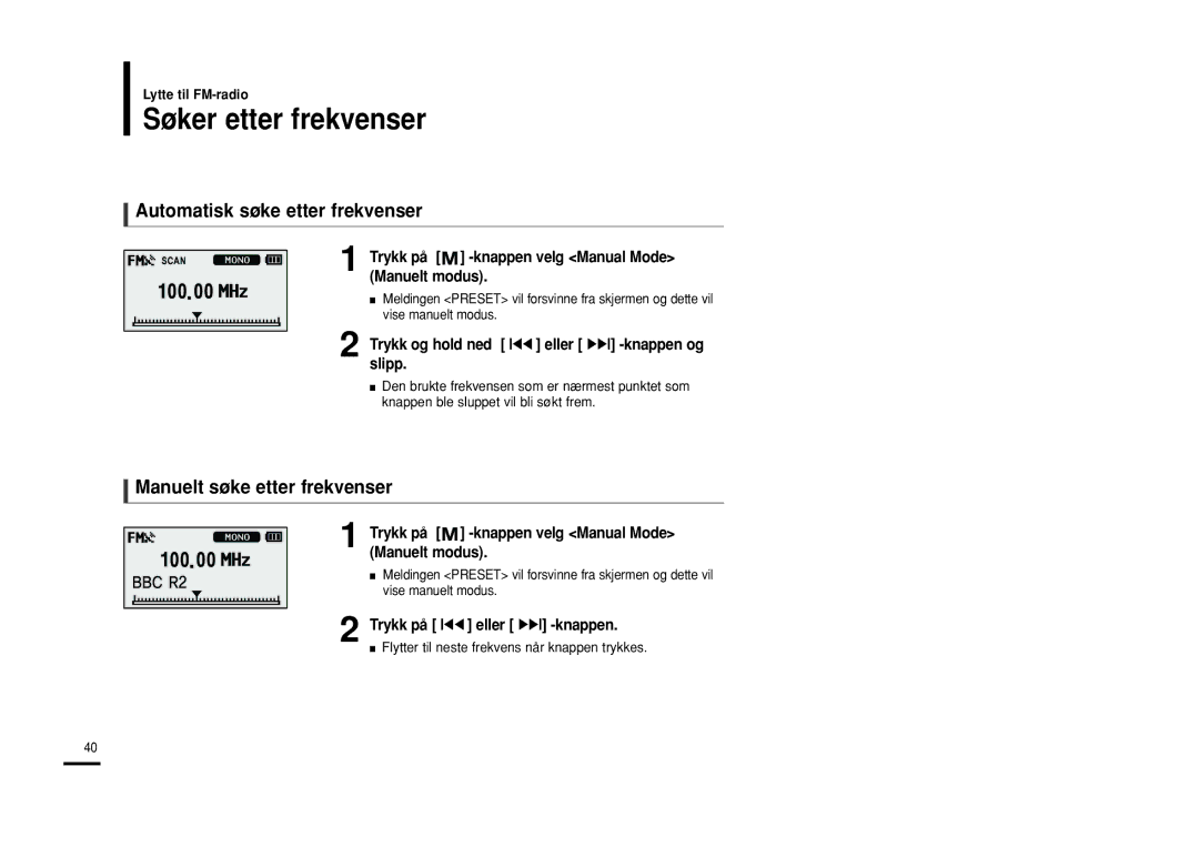 Samsung YP-U2RXB/ELS, YP-U2ZB/ELS Søker etter frekvenser, Automatisk søke etter frekvenser, Manuelt søke etter frekvenser 