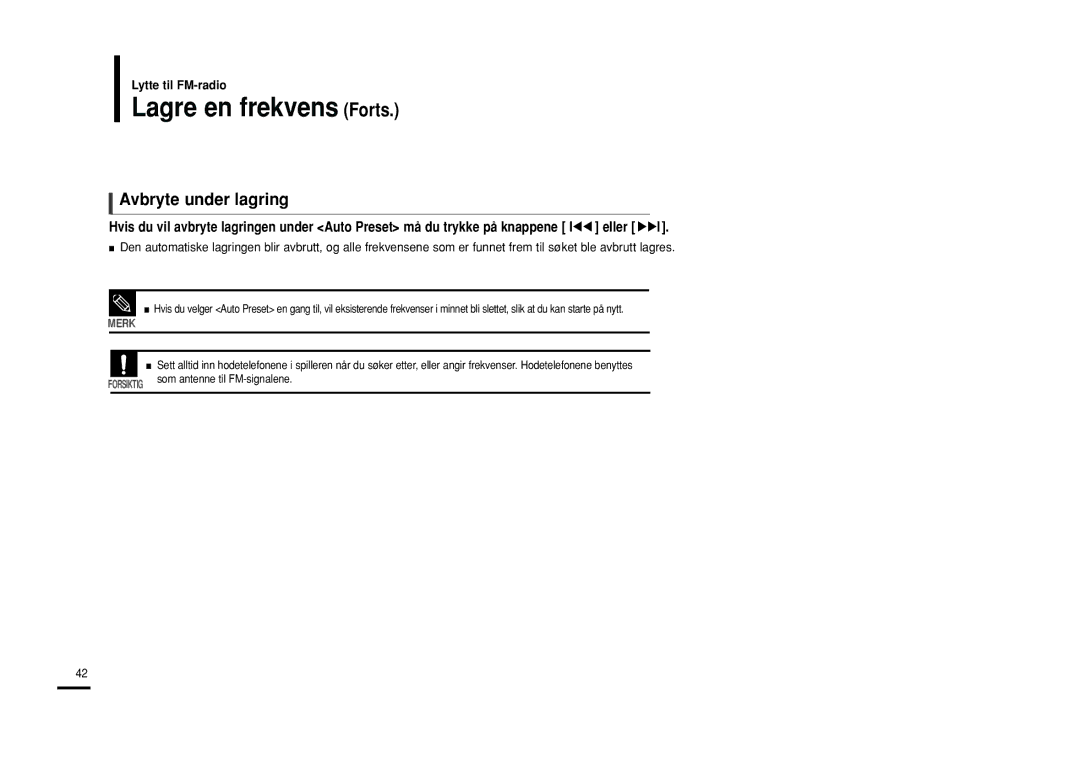 Samsung YP-U2RQB/XEE, YP-U2RXB/ELS, YP-U2ZB/ELS, YP-U2RZB/XEE manual Lagre en frekvens Forts, Avbryte under lagring 