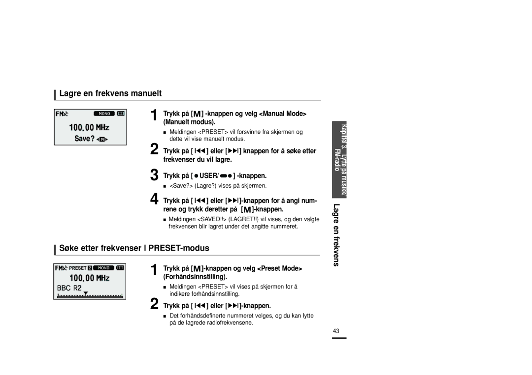 Samsung YP-U2RZB/XEE, YP-U2RXB/ELS, YP-U2ZB/ELS manual Lagre en frekvens manuelt, Søke etter frekvenser i PRESET-modus 