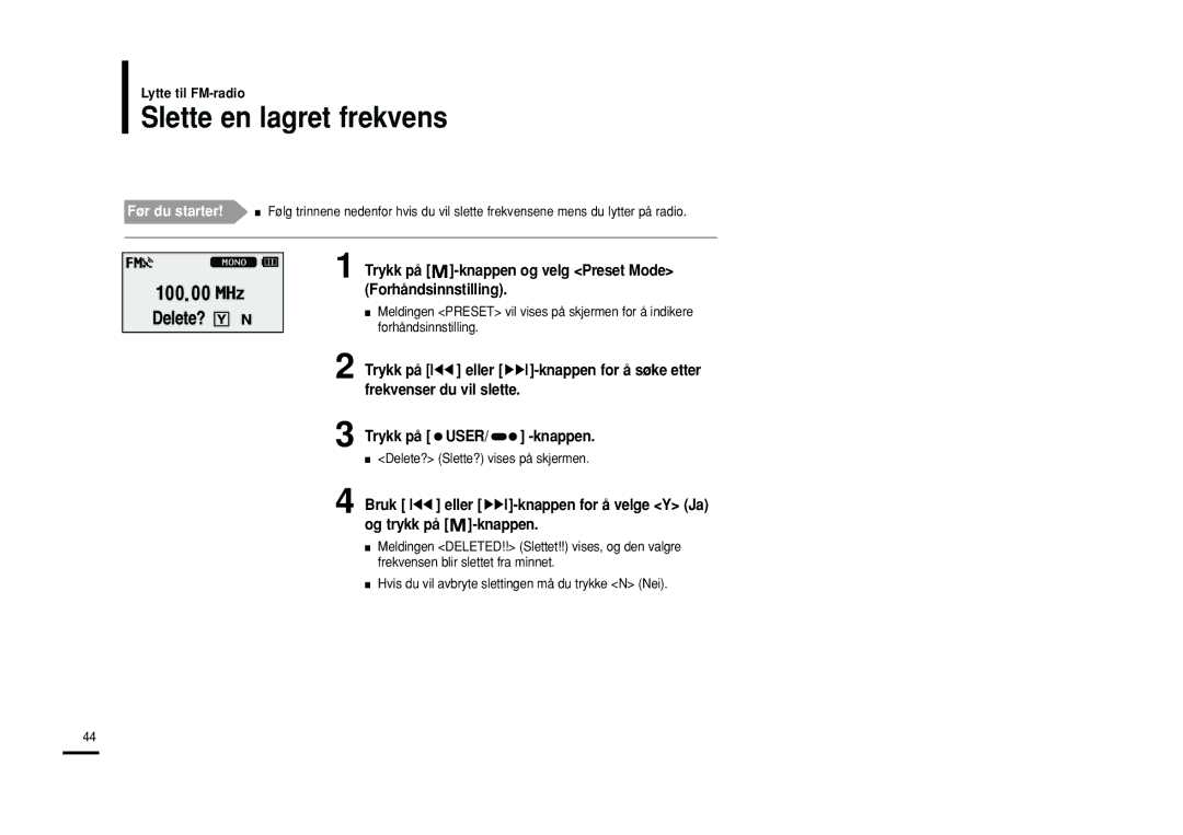 Samsung YP-U2RXB/ELS, YP-U2ZB/ELS, YP-U2RQB/XEE, YP-U2RZB/XEE manual Slette en lagret frekvens 