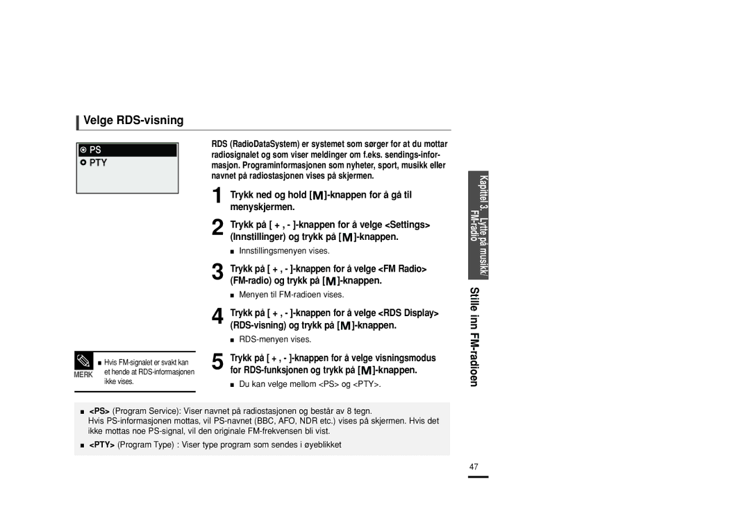 Samsung YP-U2RZB/XEE, YP-U2RXB/ELS, YP-U2ZB/ELS Velge RDS-visning, Trykk ned og hold -knappen for å gå til, Menyskjermen 