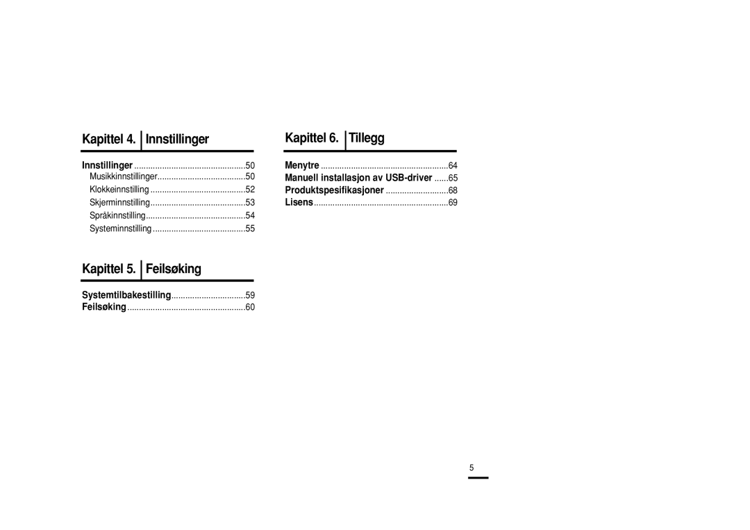 Samsung YP-U2ZB/ELS, YP-U2RXB/ELS, YP-U2RQB/XEE, YP-U2RZB/XEE manual Kapittel 5. Feilsøking 