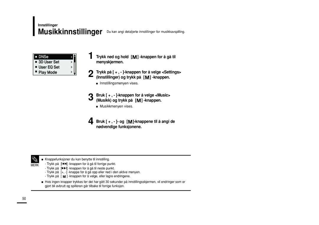 Samsung YP-U2RQB/XEE, YP-U2RXB/ELS manual Bruk + , - og -knappene til å angi de nødvendige funksjonene, Musikkmenyen vises 