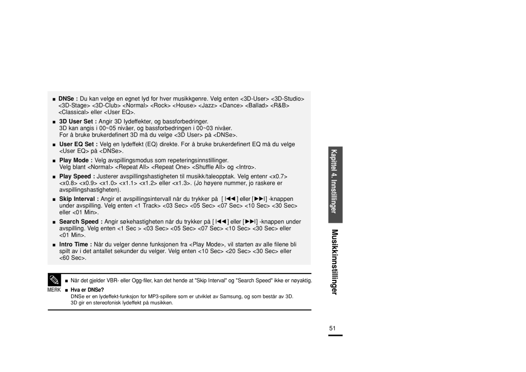 Samsung YP-U2RZB/XEE, YP-U2RXB/ELS, YP-U2ZB/ELS, YP-U2RQB/XEE manual Kapittel 4. Innstillinger Musikkinnstillinger 