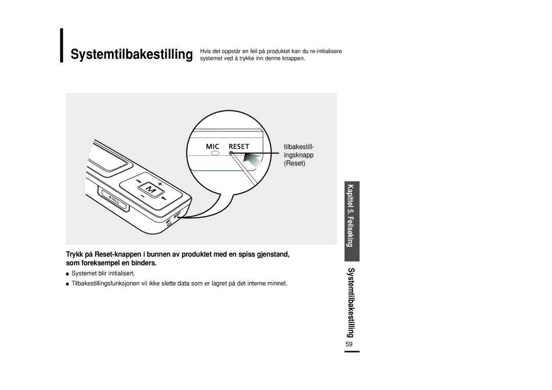 Samsung YP-U2RZB/XEE, YP-U2RXB/ELS, YP-U2ZB/ELS, YP-U2RQB/XEE manual Systemtilbakestilling 