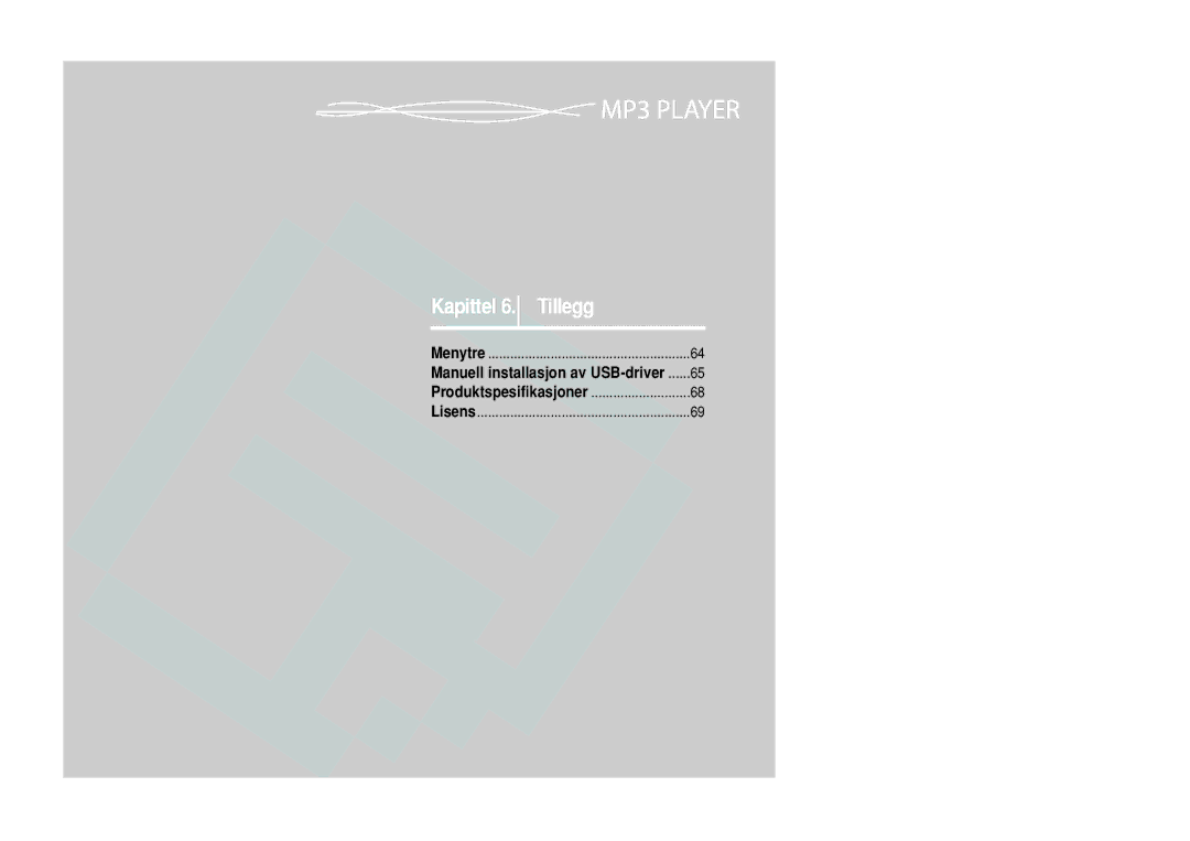 Samsung YP-U2RZB/XEE, YP-U2RXB/ELS, YP-U2ZB/ELS, YP-U2RQB/XEE manual Kapittel 6. Tillegg 