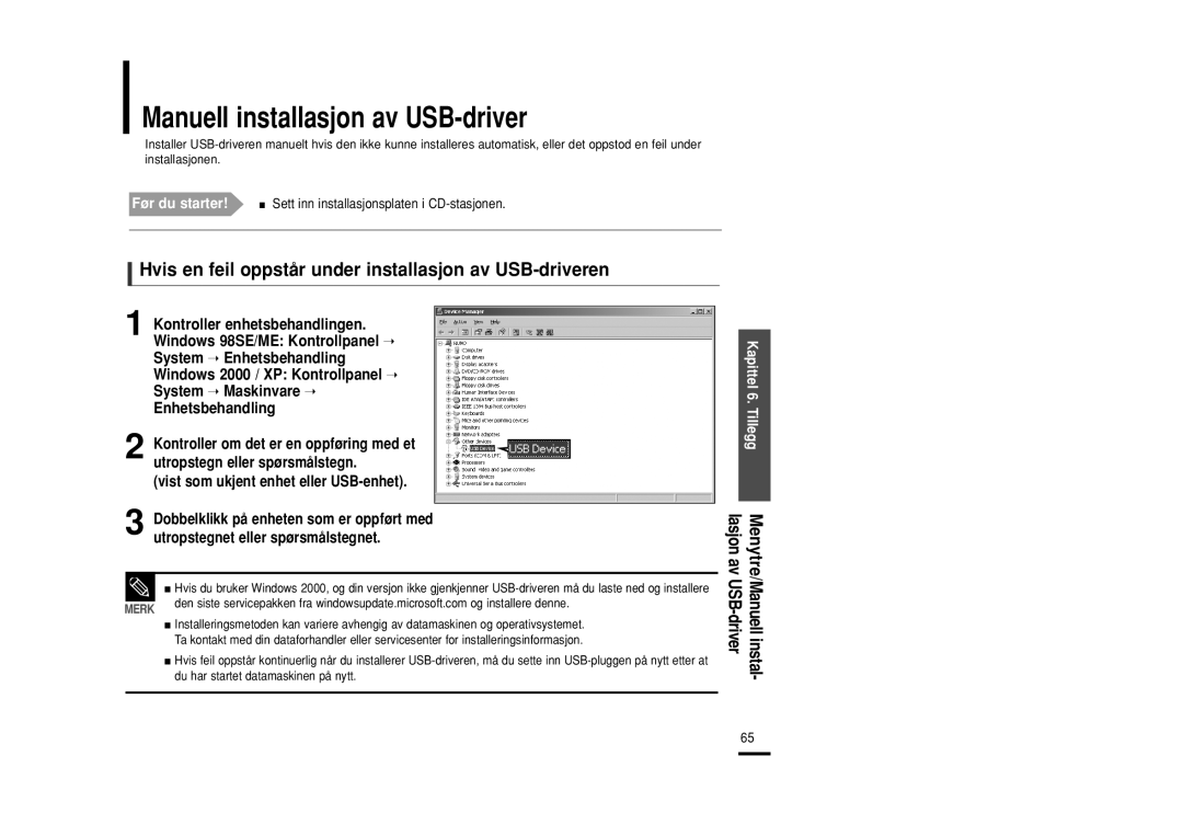 Samsung YP-U2ZB/ELS manual Manuell installasjon av USB-driver, Hvis en feil oppstår under installasjon av USB-driveren 