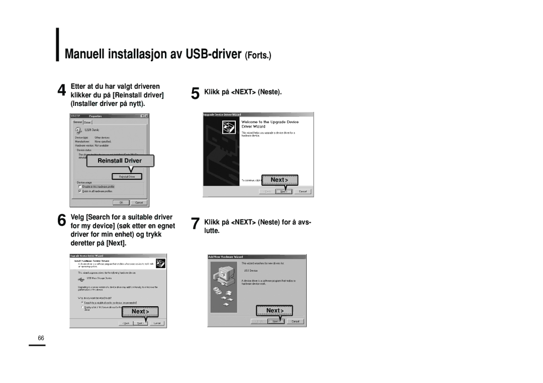 Samsung YP-U2RQB/XEE, YP-U2RXB/ELS manual Manuell installasjon av USB-driver Forts, Klikklutte. på Next Neste for å avs 