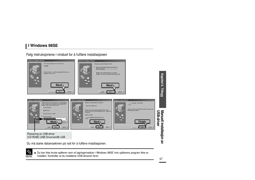 Samsung YP-U2RZB/XEE, YP-U2RXB/ELS, YP-U2ZB/ELS manual Windows 98SE, Kapittel 6. TilleggManuell installasjon av USB-driver 