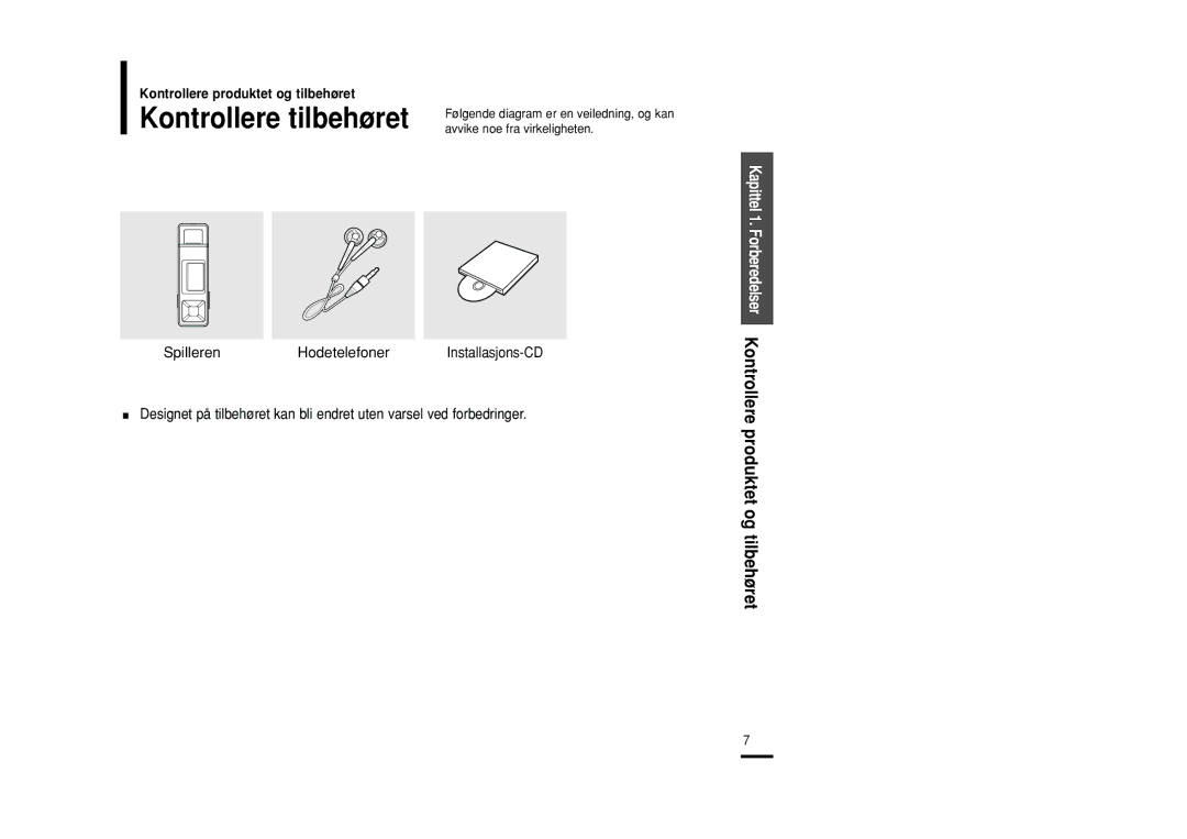 Samsung YP-U2RZB/XEE, YP-U2RXB/ELS, YP-U2ZB/ELS, YP-U2RQB/XEE Kontrollere produktet og tilbehøret, Spilleren Hodetelefoner 