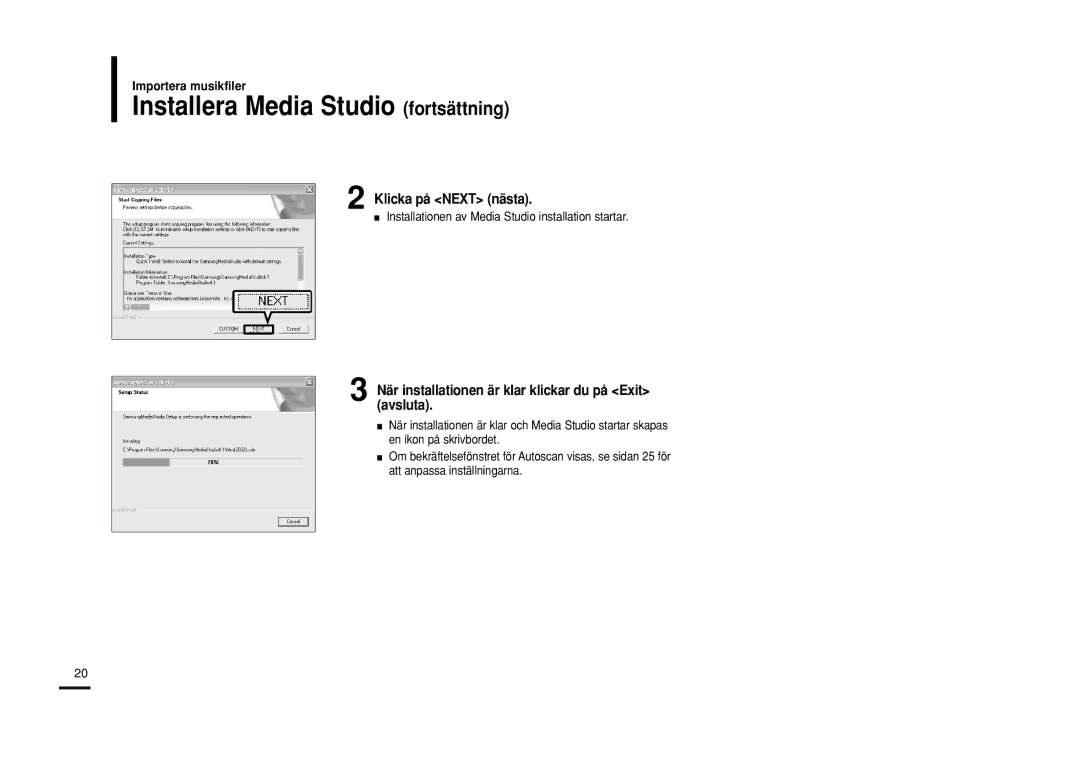 Samsung YP-U2RXB/ELS, YP-U2ZB/ELS, YP-U2RQB/XEE, YP-U2RZB/XEE Installera Media Studio fortsättning, Klicka på Next nästa 