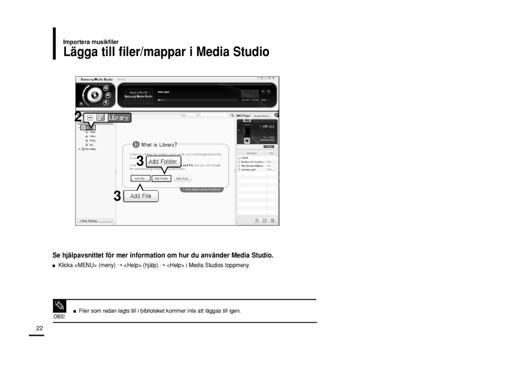 Samsung YP-U2RQB/XEE Lägga till filer/mappar i Media Studio, Klicka Menu meny Help hjälp Help i Media Studios toppmeny 