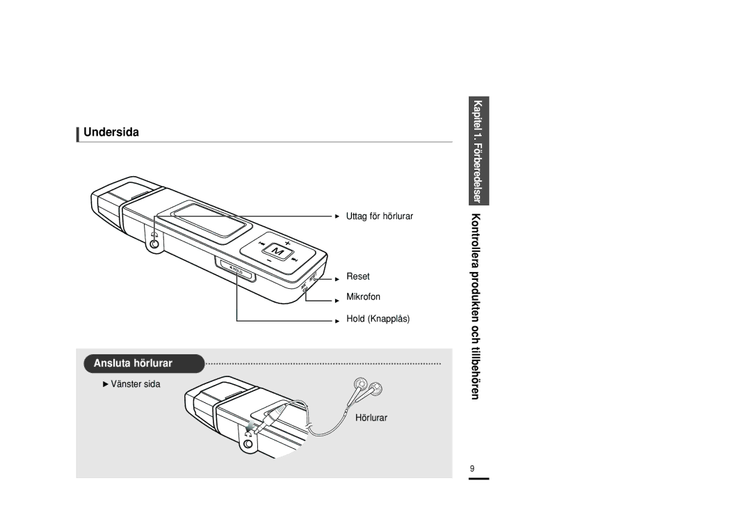 Samsung YP-U2ZB/ELS, YP-U2RXB/ELS manual Undersida, Uttag för hörlurar Reset Mikrofon Hold Knapplås, √ Vänster sida Hörlurar 