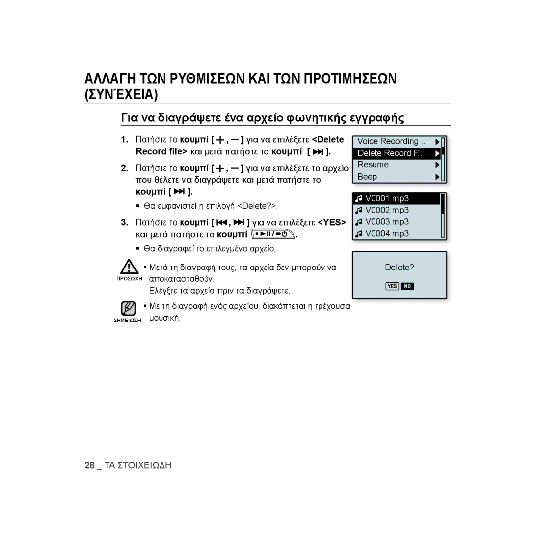 Samsung YP-U3JZG/XEO, YP-U2RZB/ELS Για να διαγράψετε ένα αρχείο φωνητικής εγγραφής, Record file και μετά πατήστε το κουμπί 