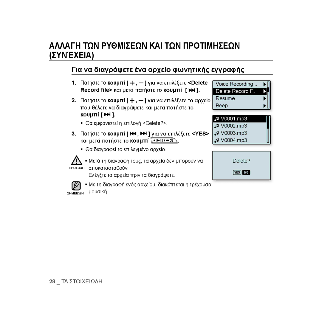 Samsung YP-U3JZG/XEO, YP-U2RZB/ELS Για να διαγράψετε ένα αρχείο φωνητικής εγγραφής, Record file και μετά πατήστε το κουμπί 