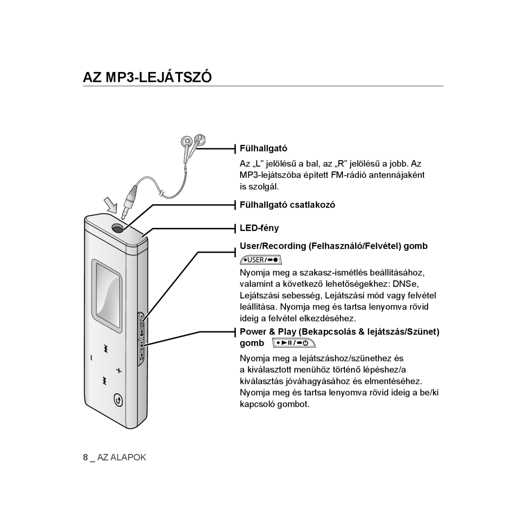 Samsung YP-U3JZB/XET, YP-U2RZB/ELS manual AZ MP3-LEJÁTSZÓ, Fülhallgató, Power & Play Bekapcsolás & lejátszás/Szünet gomb 