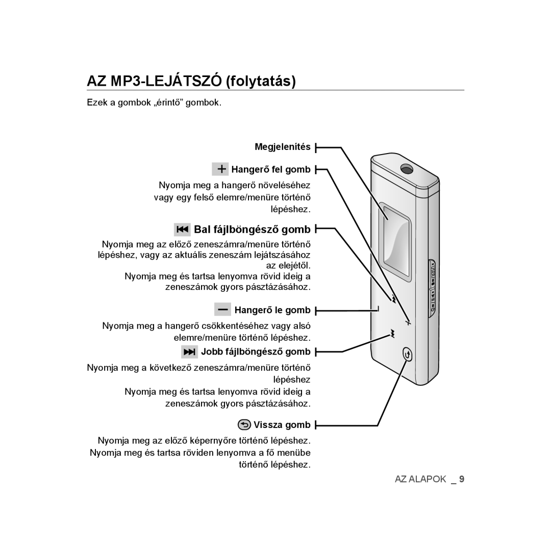 Samsung YP-U3JQB/XET AZ MP3-LEJÁTSZÓ folytatás, Megjelenítés Hangerő fel gomb, Hangerő le gomb, Jobb fájlböngésző gomb 