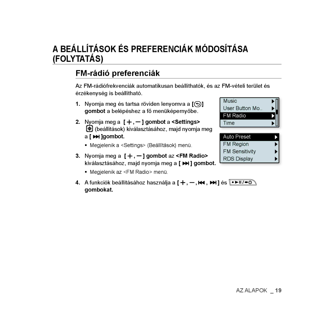 Samsung YP-U3JZL/XEO, YP-U2RZB/ELS, YP-U3ZB/XET Beállítások ÉS Preferenciák Módosítása Folytatás, FM-rádió preferenciák 