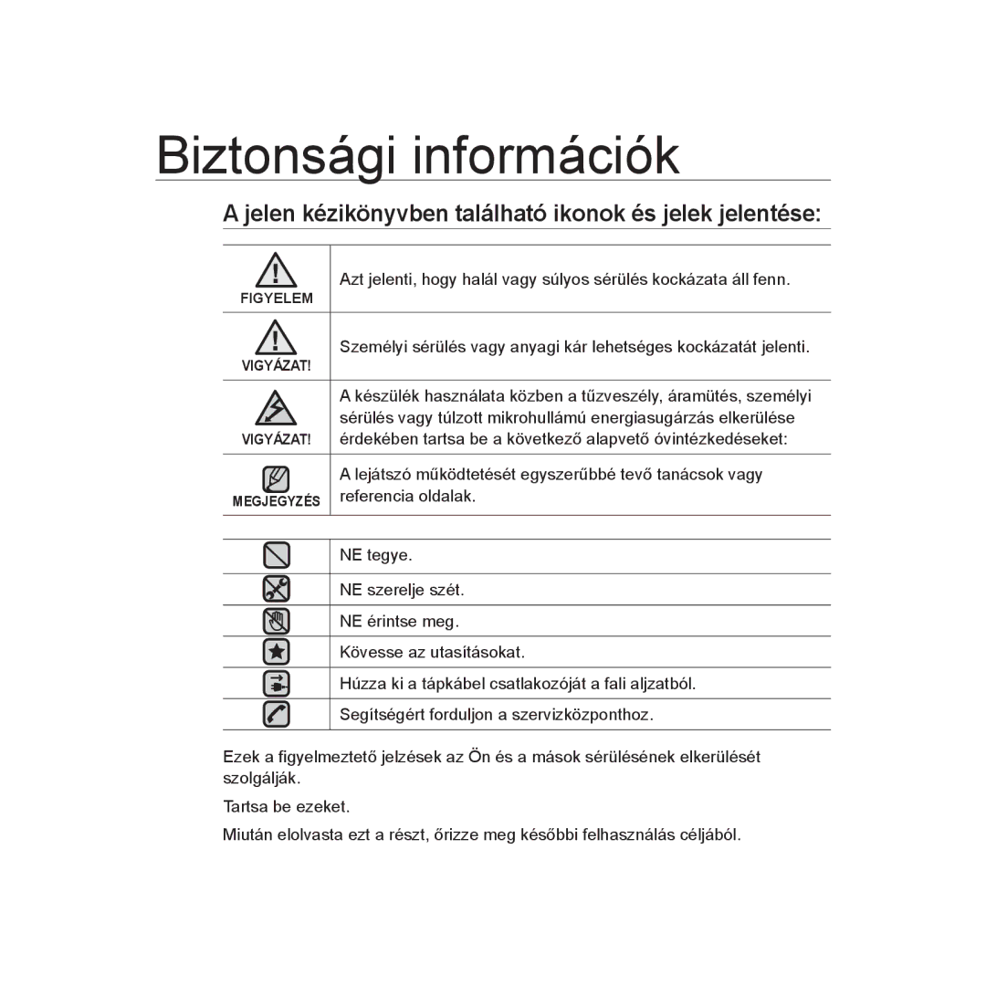 Samsung YP-U3JAW/XET, YP-U2RZB/ELS manual Biztonsági információk, Jelen kézikönyvben található ikonok és jelek jelentése 