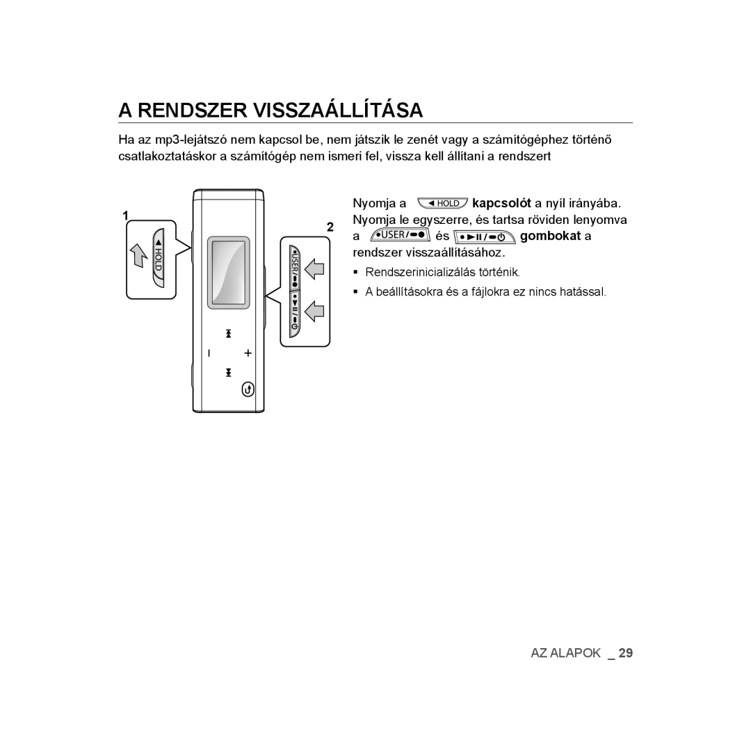 Samsung YP-U3JQL/XET, YP-U2RZB/ELS, YP-U3ZB/XET, YP-U3JAW/XET, YP-U3JZP/XET manual Rendszer Visszaállítása, És gombokat a 