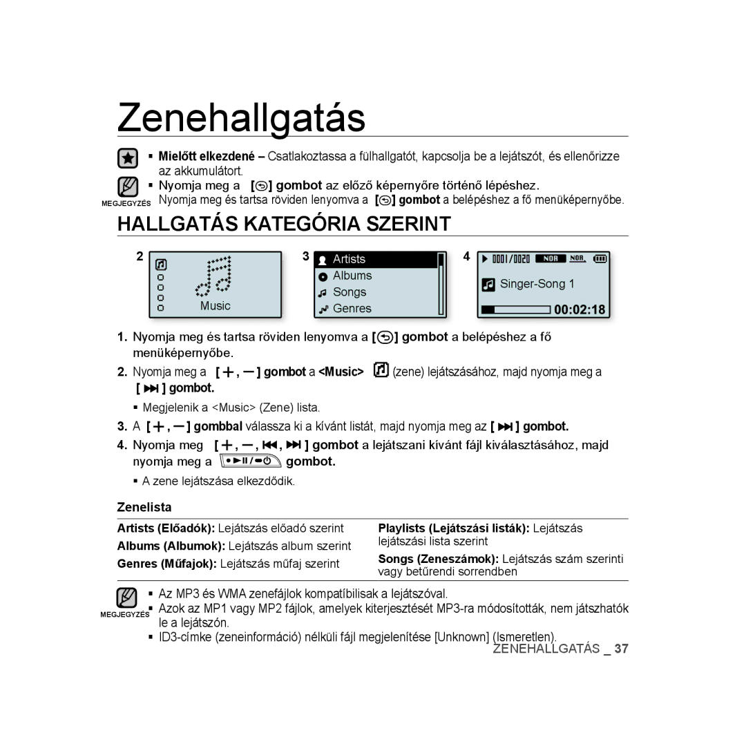 Samsung YP-U3JZB/XET, YP-U2RZB/ELS, YP-U3ZB/XET, YP-U3JQL/XET, YP-U3JAW/XET manual Zenehallgatás, Hallgatás Kategória Szerint 