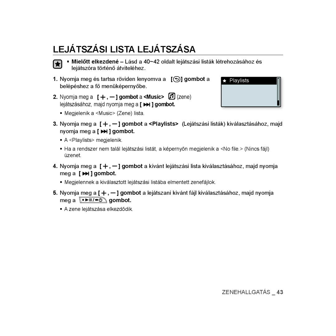 Samsung YP-U3JAW/XEO, YP-U2RZB/ELS, YP-U3ZB/XET, YP-U3JQL/XET, YP-U3JAW/XET manual Lejátszási Lista Lejátszása, Playlists 