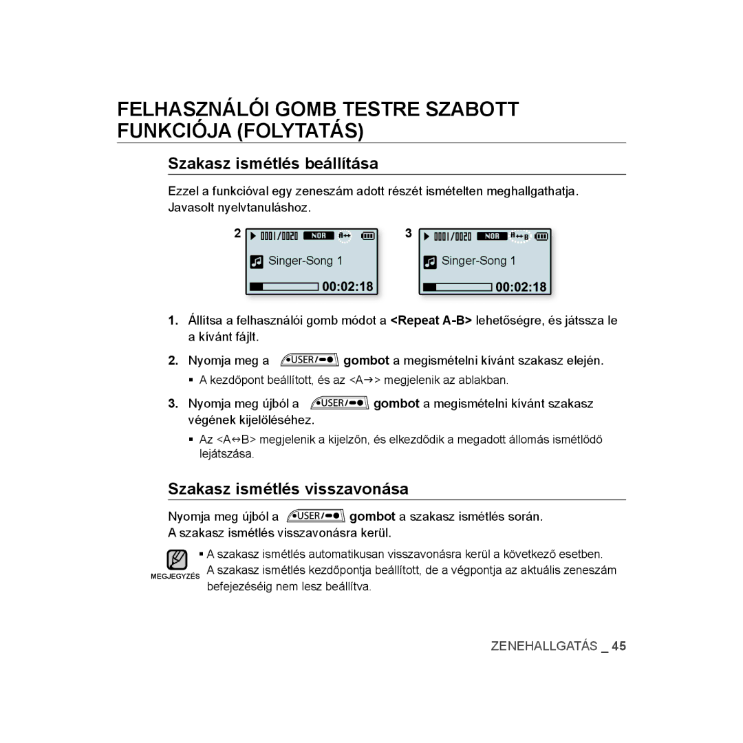 Samsung YP-U3JQP/XEO, YP-U2RZB/ELS manual Felhasználói Gomb Testre Szabott Funkciója Folytatás, Szakasz ismétlés beállítása 