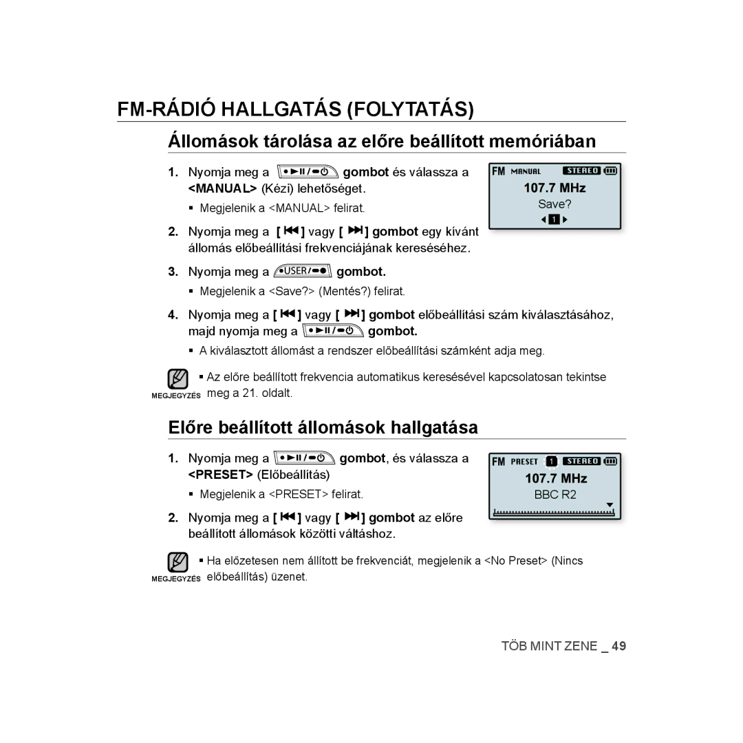 Samsung YP-U3JQG/XEO, YP-U3ZB/XET Állomások tárolása az előre beállított memóriában, Előre beállított állomások hallgatása 