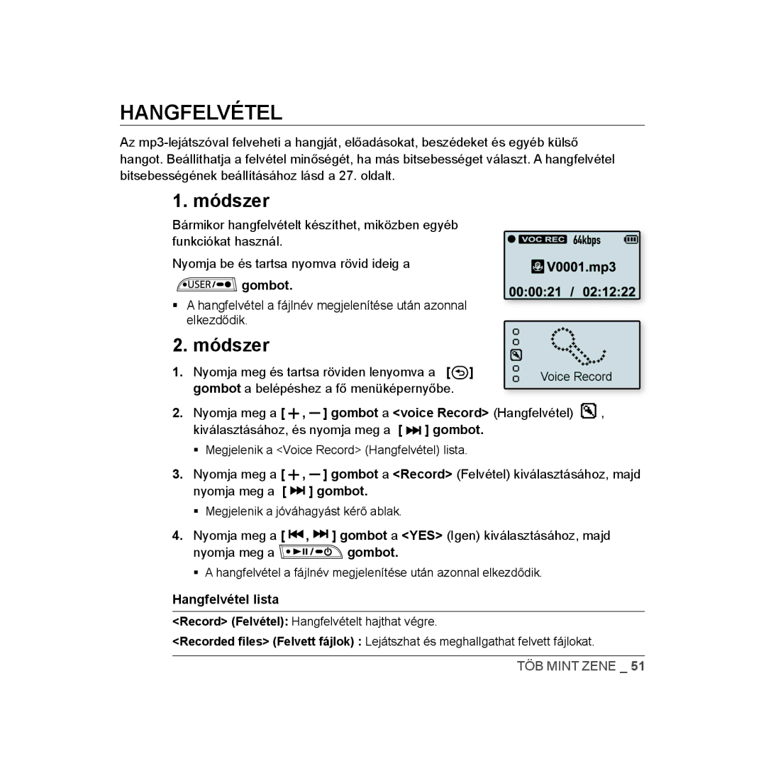 Samsung YP-U3JQW/XEO, YP-U2RZB/ELS, YP-U3ZB/XET, YP-U3JQL/XET, YP-U3JAW/XET, YP-U3JZP/XET manual Módszer, Hangfelvétel lista 