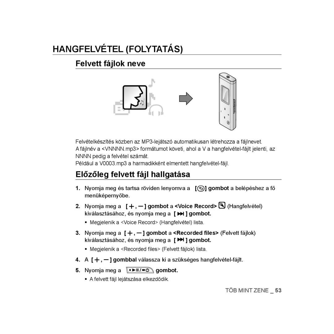 Samsung YP-U2RZW/ELS manual Hangfelvétel folytatás, Felvett fájlok neve, Előzőleg felvett fájl hallgatása, Menüképernyőbe 