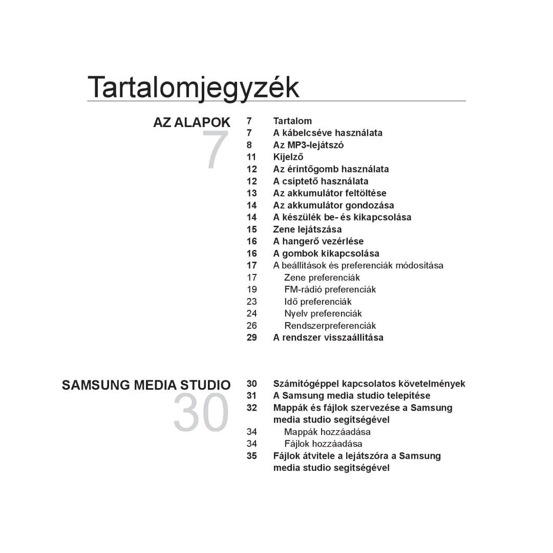 Samsung YP-U3JZL/XET, YP-U2RZB/ELS, YP-U3ZB/XET, YP-U3JQL/XET, YP-U3JAW/XET manual Tartalomjegyzék, Rendszer visszaállítása 