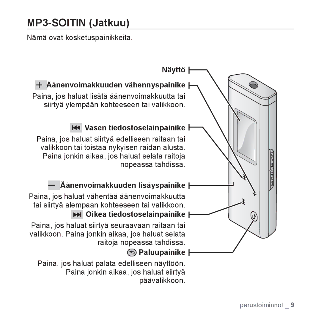 Samsung YP-U3JQB/XEE Näyttö Äänenvoimakkuuden vähennyspainike, Vasen tiedostoselainpainike, Oikea tiedostoselainpainike 