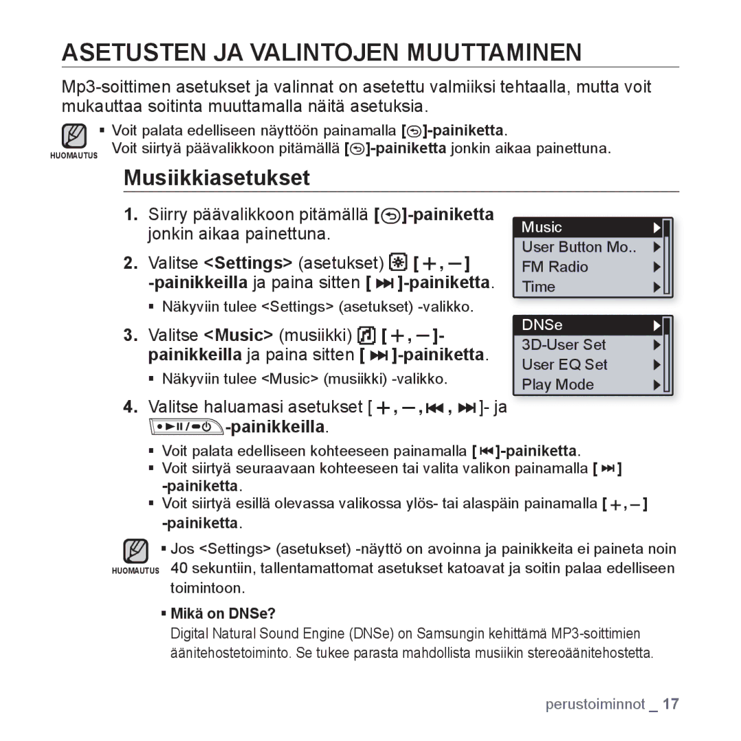 Samsung YP-U3JQB/XEE manual Asetusten JA Valintojen Muuttaminen, Musiikkiasetukset, Valitse Music musiikki, Painikkeilla 