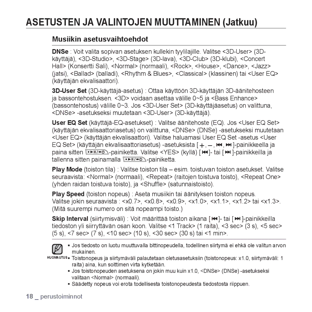 Samsung YP-U2RZB/XEE, YP-U3JQW/XEE, YP-U3JQP/XEE Asetusten JA Valintojen Muuttaminen Jatkuu, Musiikin asetusvaihtoehdot 