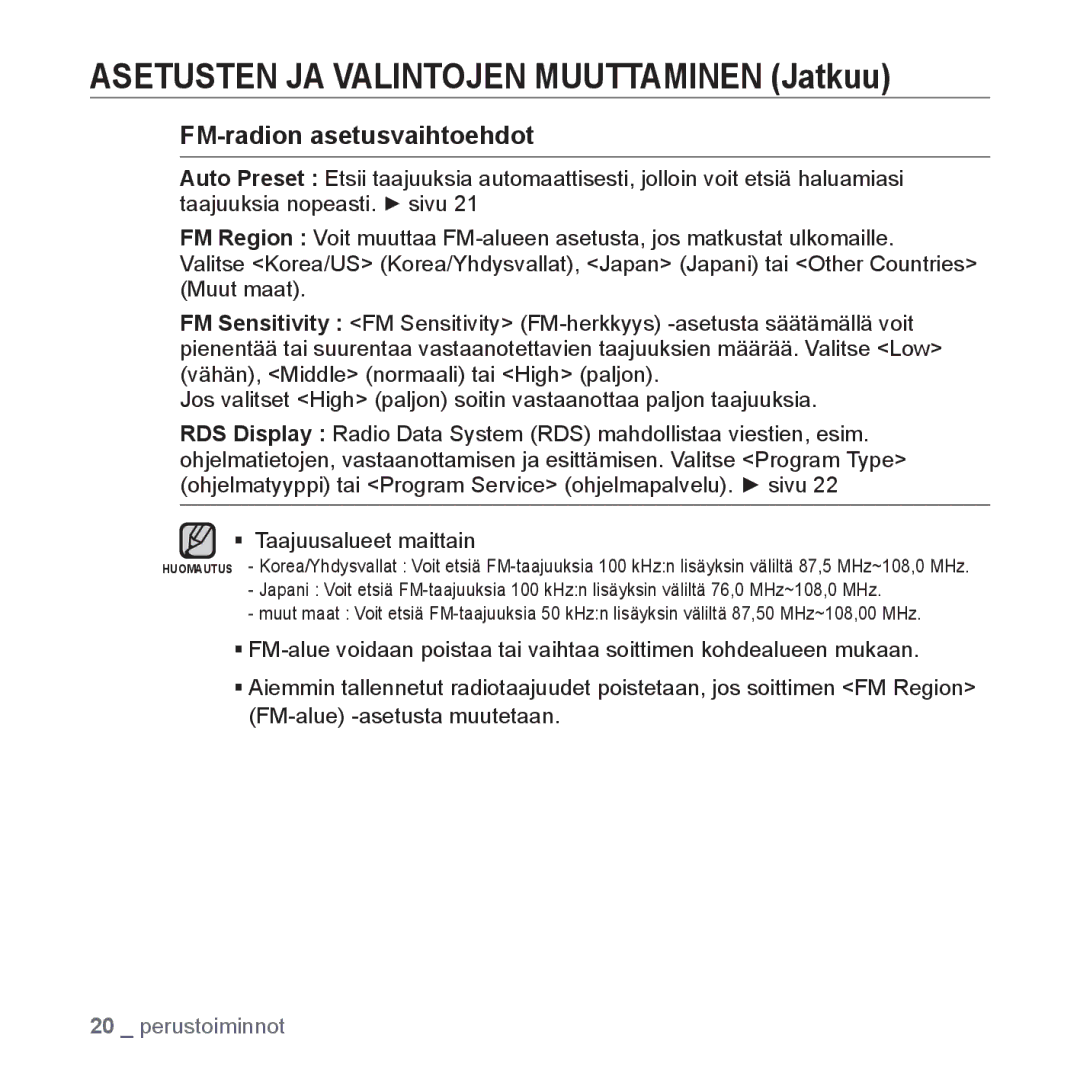 Samsung YP-U3JQP/XEE, YP-U2RZB/XEE, YP-U3JQW/XEE, YP-U3JQB/XEE manual FM-radion asetusvaihtoehdot 