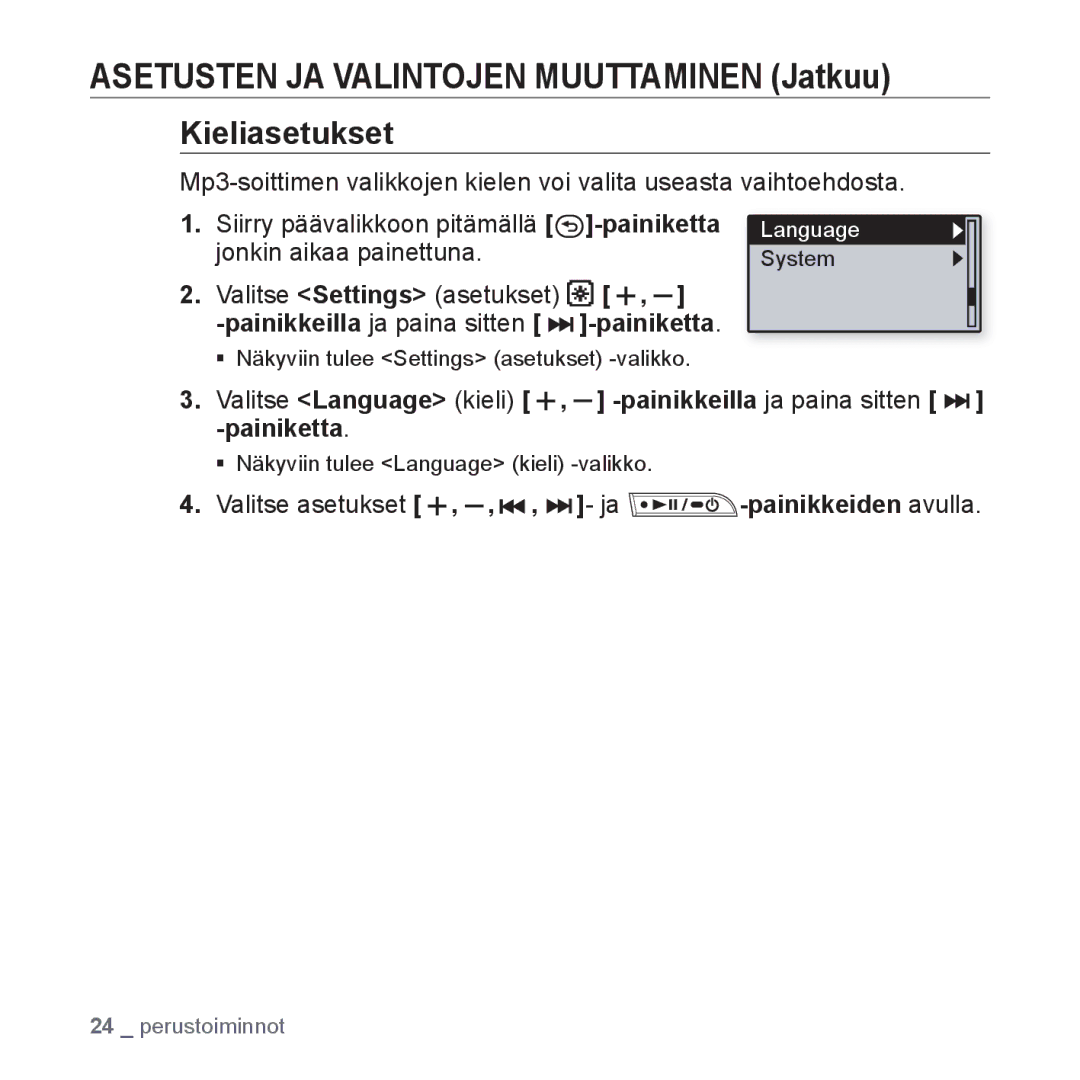 Samsung YP-U3JQP/XEE, YP-U2RZB/XEE, YP-U3JQW/XEE, YP-U3JQB/XEE manual Kieliasetukset 