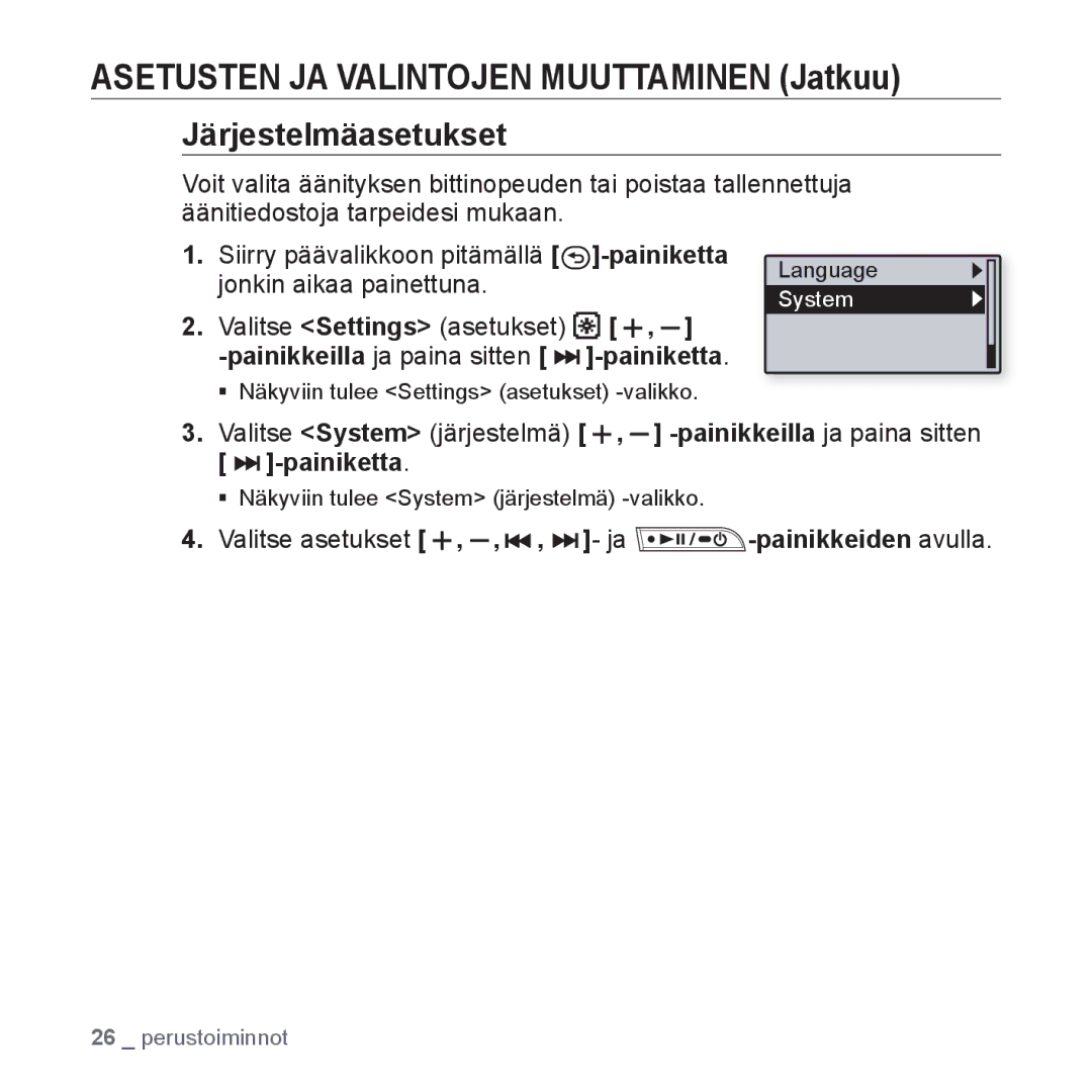 Samsung YP-U2RZB/XEE, YP-U3JQW/XEE, YP-U3JQP/XEE, YP-U3JQB/XEE manual Järjestelmäasetukset 