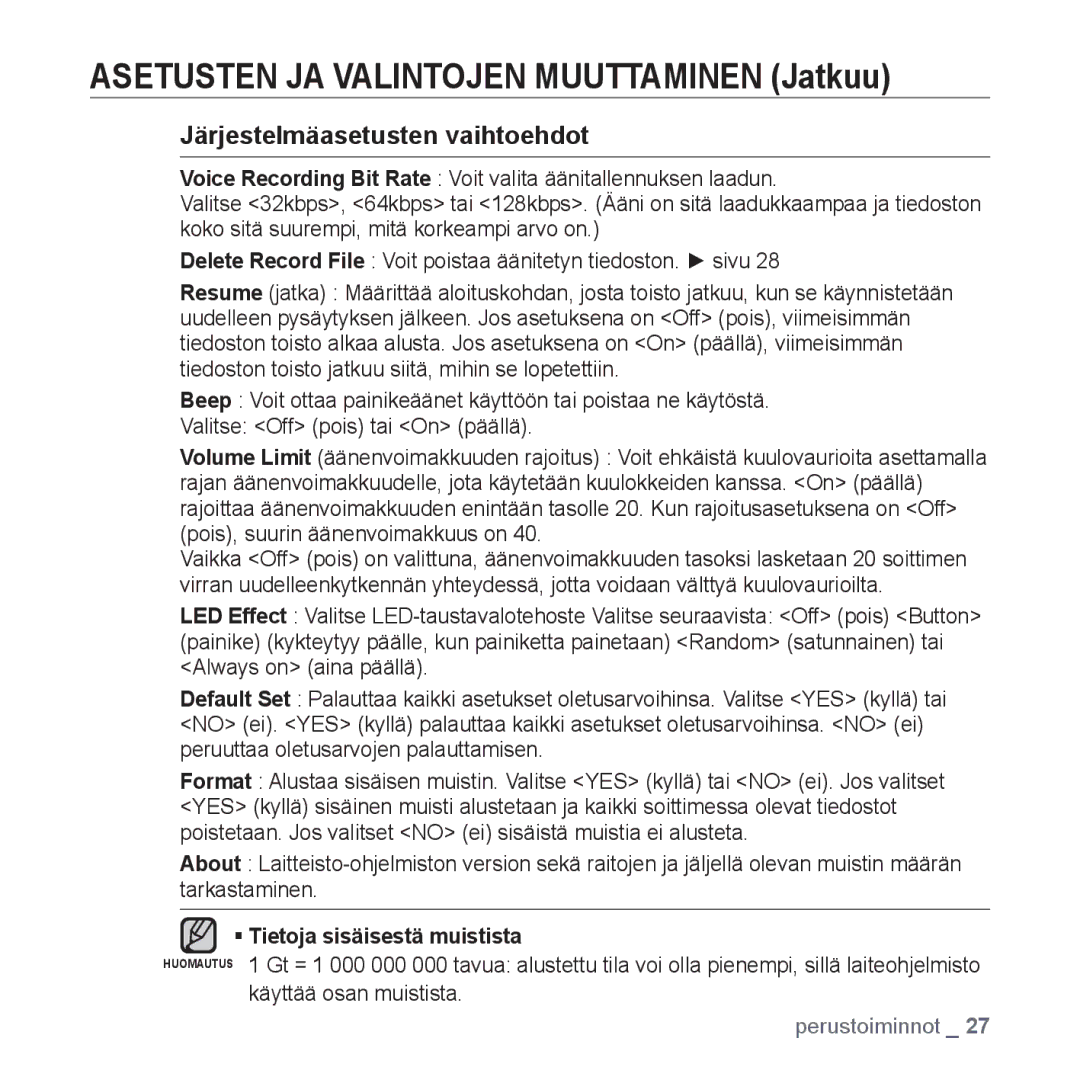 Samsung YP-U3JQW/XEE, YP-U2RZB/XEE, YP-U3JQP/XEE manual Järjestelmäasetusten vaihtoehdot, ƒ Tietoja sisäisestä muistista 