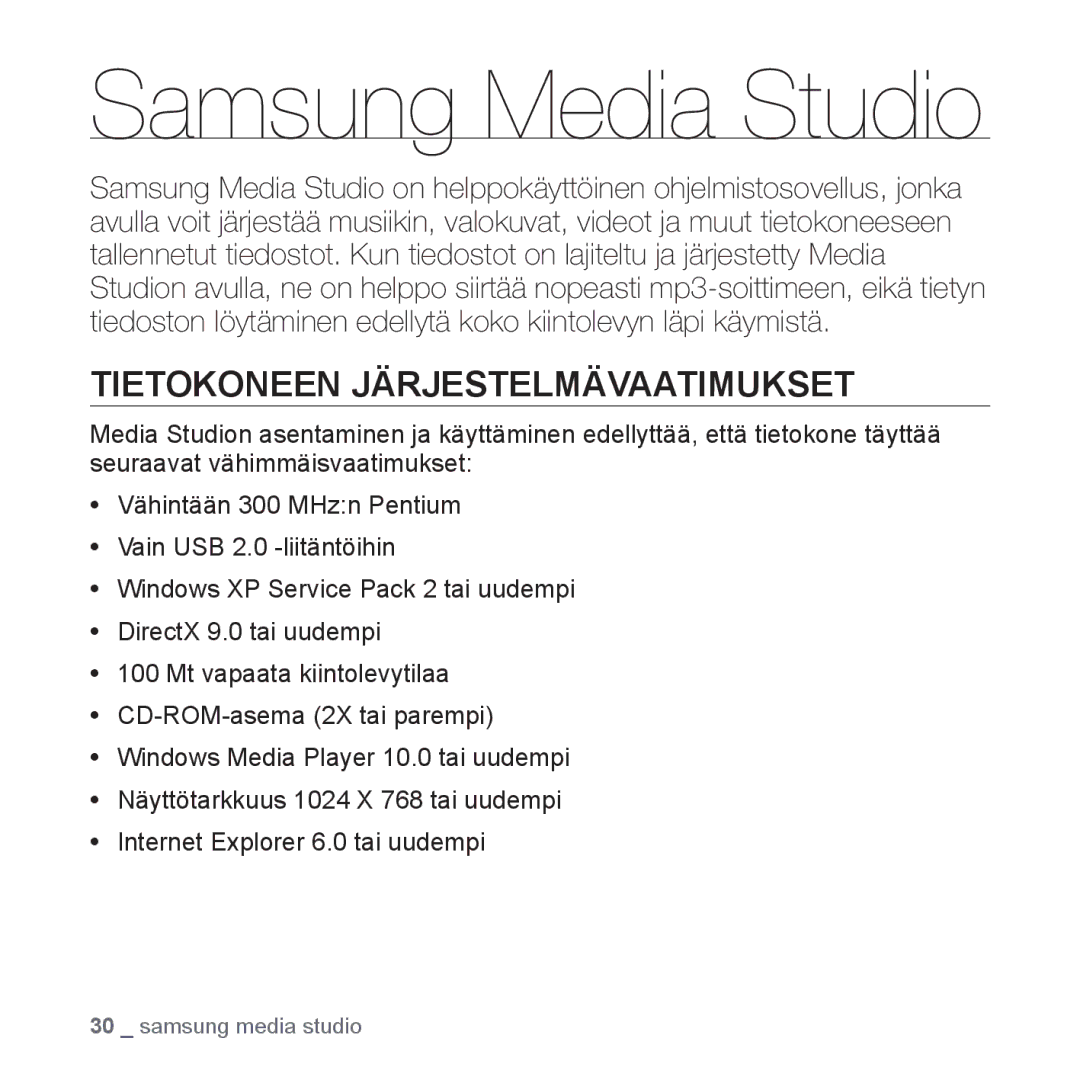 Samsung YP-U2RZB/XEE, YP-U3JQW/XEE, YP-U3JQP/XEE, YP-U3JQB/XEE manual Samsung Media Studio, Tietokoneen Järjestelmävaatimukset 