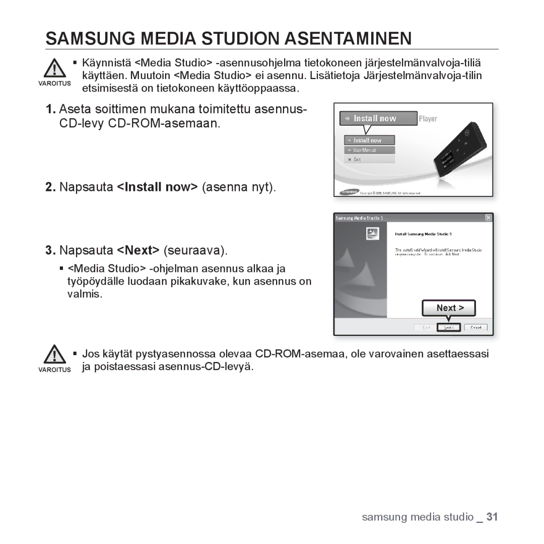 Samsung YP-U3JQW/XEE, YP-U2RZB/XEE, YP-U3JQP/XEE, YP-U3JQB/XEE manual Samsung Media Studion Asentaminen 