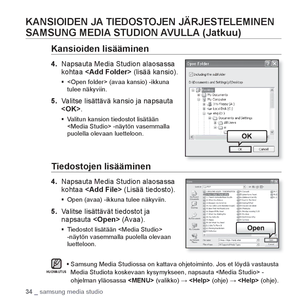 Samsung YP-U2RZB/XEE, YP-U3JQW/XEE Kansioiden lisääminen, Tiedostojen lisääminen, Valitse lisättävä kansio ja napsauta OK 