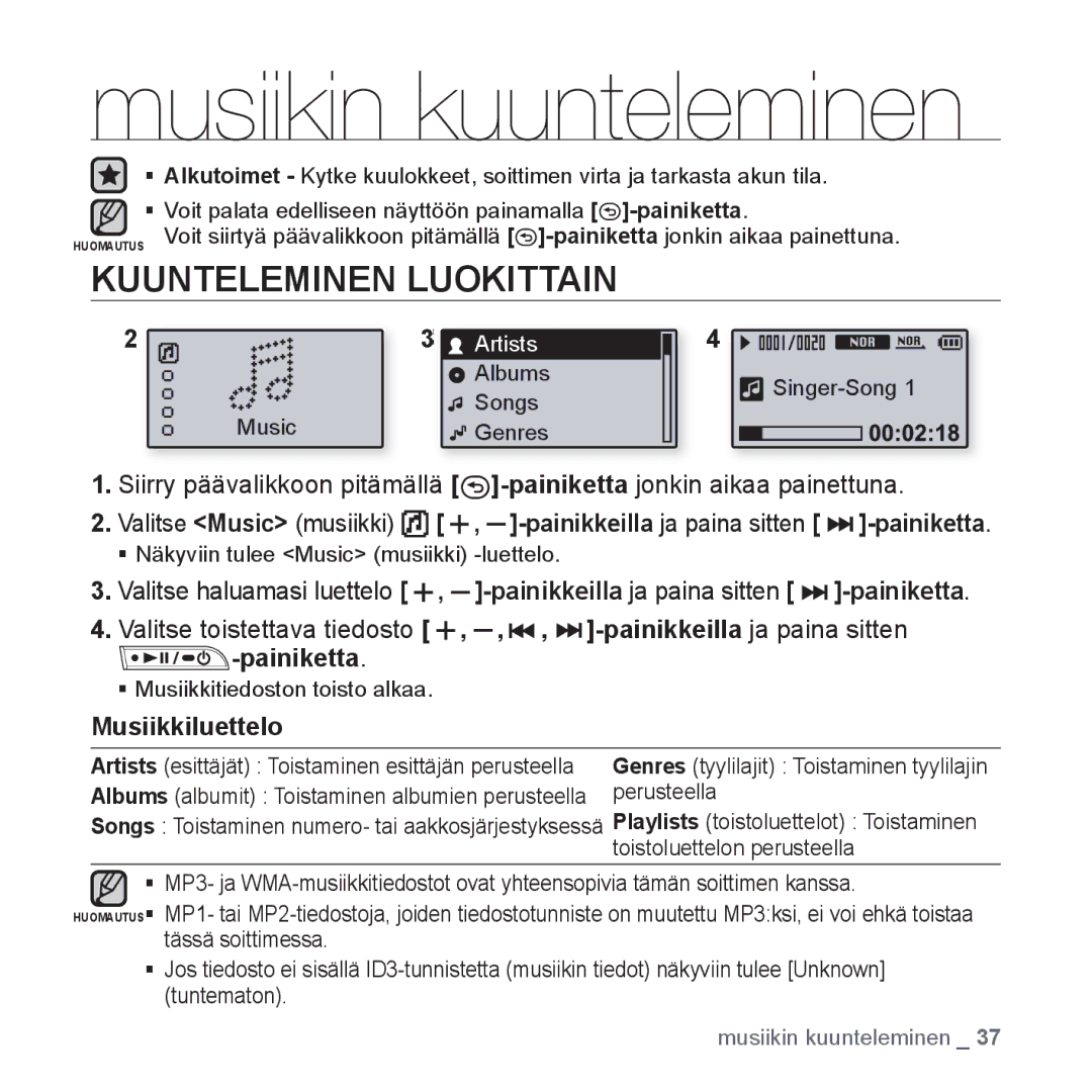 Samsung YP-U3JQB/XEE, YP-U2RZB/XEE, YP-U3JQW/XEE manual Musiikin kuunteleminen, Kuunteleminen Luokittain, Musiikkiluettelo 